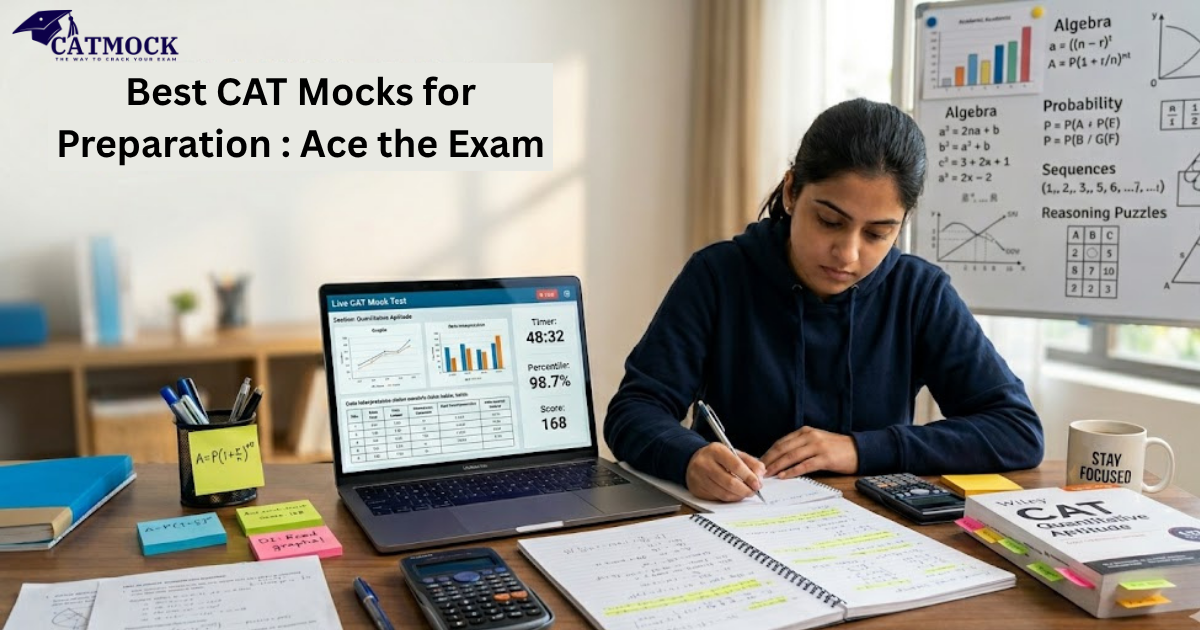 Student taking an online CAT mock test on a laptop while preparing with notes and formulas, representing the best CAT mocks for preparation 2026.