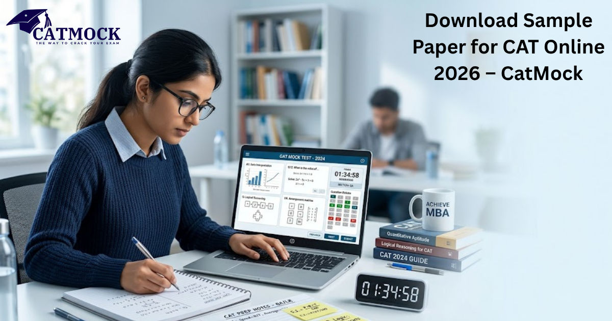 Student practicing CAT mock test online on a laptop while downloading sample paper for CAT Online 2026 from CatMock platform.