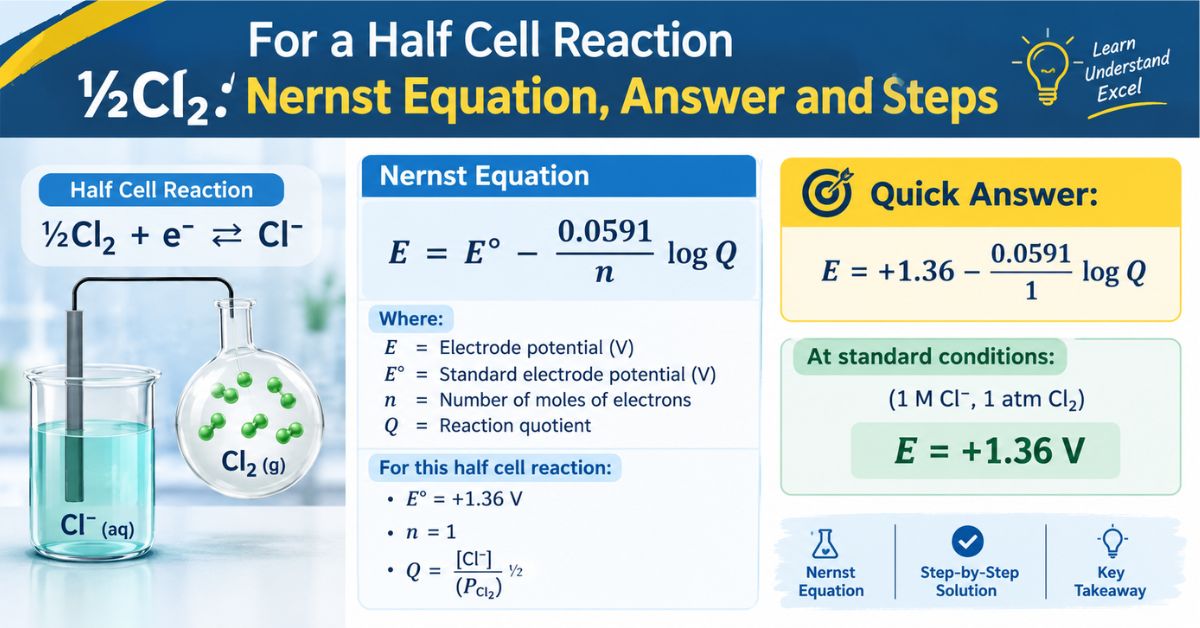 You are currently viewing For a Half Cell Reaction ½Cl₂: Nernst Equation, Answer and Steps